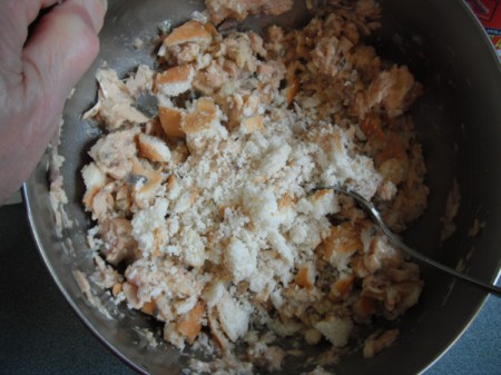 adding more bagel crumbs to Salmon Cake batter