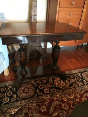 Identifying a Mersman Table - dark stain table with two turned supports and a base with four legs