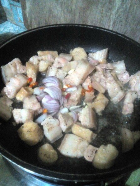 adding garlic and onions to pork