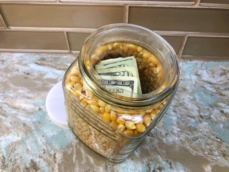 Popcorn Kernel Jar Secret Safe - cash inside the inner water bottle