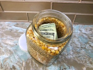 Popcorn Kernel Jar Secret Safe - cash inside the inner water bottle