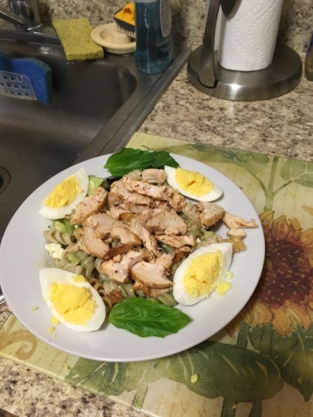 Greek Pasta Salad Plate with chicken and egg