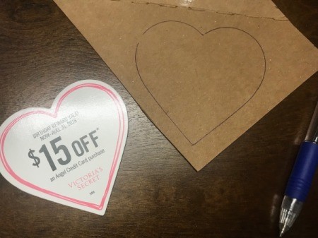 Upcycled Coupon to Birthday Card - trace and cut out 2 more heart shapes