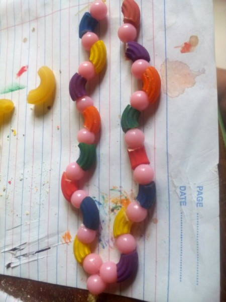 Pasta Bracelet - begin stringing pasta and beads alternately on each of the two pieces of nylon