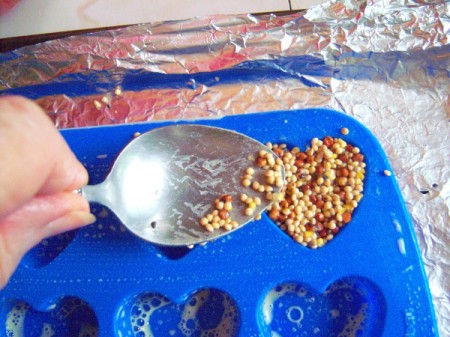 Bird Seed Heart Wedding Favors - fill tray with a spoon and press the seeds down firmly to get the best finished shape