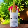 Tin Can Unicorn Planter - flower filled can outside