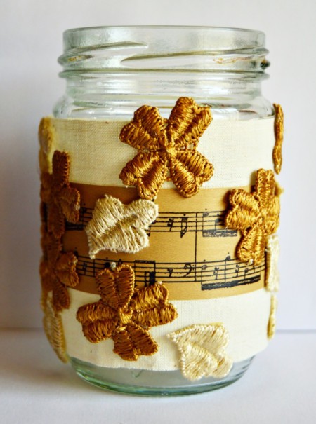 Pumpkin Seed Blessing Jar - cut flowers and leaves from the lace and glue on the jar