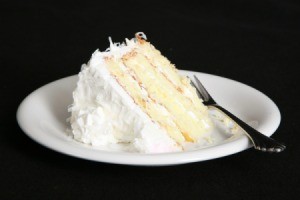 Slice of white layer cake on a plate.