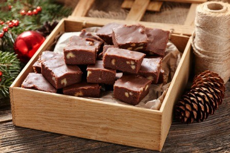 Nut Fudge in a wood box.