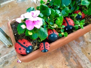 Stone Ladybug Garden Ornaments - ladybug rocks in a planter