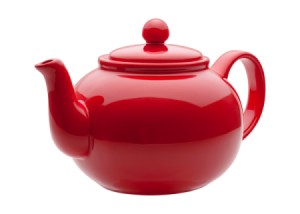 A bright red teapot.