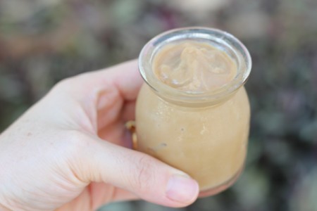 A jar of butterscotch pudding.