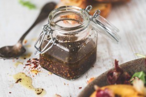 Balsamic and Dijon Dipping Sauce in a small glass jar.