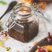 Balsamic and Dijon Dipping Sauce in a small glass jar.