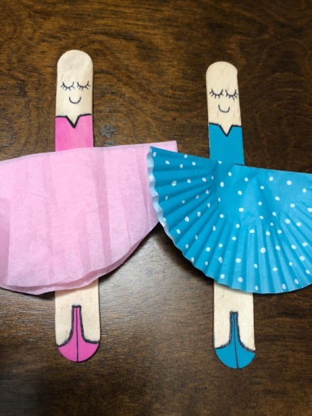Ballerina Craft Stick - pink and blue tutus in place