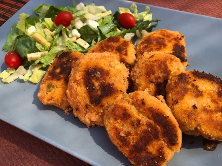 Gluten-Free Tuna Cakes on platter with salad