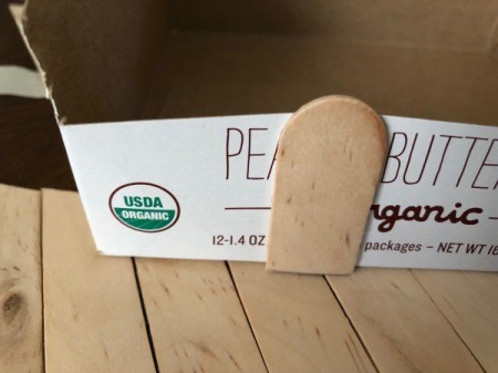 Upcycled Cardboard Box to Gift Basket - short stick for the front made from scrap pieces, and box trimmed to fit