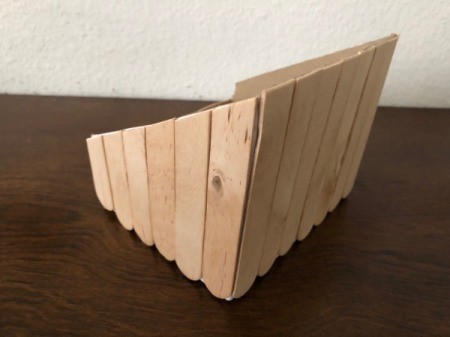 Upcycled Cardboard Box to Gift Basket - side and back view with craft sticks in place