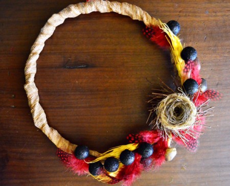 Elements of Nature Fall Wreath - glue the red guinea fowl feathers in place