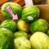 A box of watermelon for sale with an arrow marking the one that was chosen.