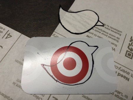 Upcycle Giftcard to Keychain with a Fob - shape traced onto the card with a Sharpie
