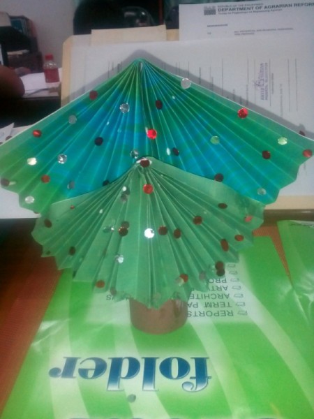 Table Top Mini Christmas Tree - glue the second smaller tree section to the front of the TP tube