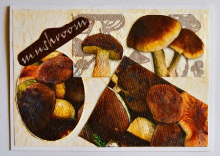 Fall Themed Kitchen Tea Invitation - cut mushroom shapes from the napkins and remove the bottom layers before gluing in place on the card