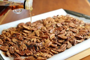 Spiced Pecans on a cookie sheet.