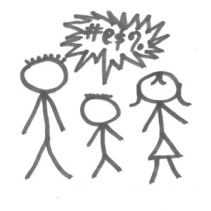 Stick people with a bubble containing curse words.