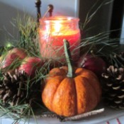 Using Natures Own For Decorations, While Going Green - mini pumpkin gourd, pinecones, apples, greenery and a candle