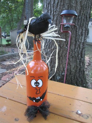 Jack-'o-Lantern Painted Wine Bottles - finished decoration outside