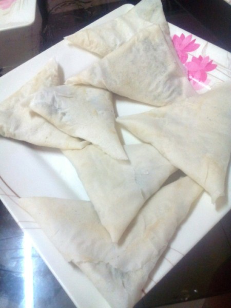 Mung Bean Triangles on plate ready to fry
