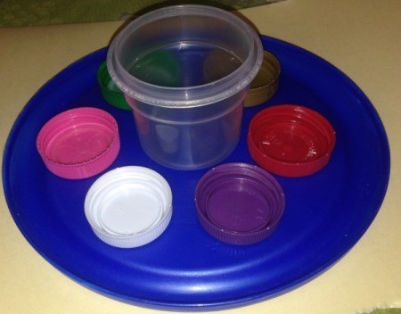 Repurpose Old Food and Storage Lids for Paint Palettes  - middle lid can be left off to make room for a plastic cup for rinsing the brush