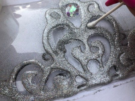Plastic Bottle Tiara - clean off excess glitter between glue lines with a Q-tip and allow to dry