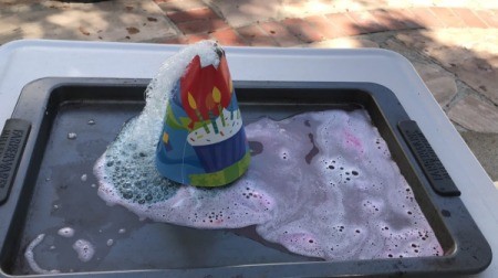 Party Hat Volcano Experiment for Kids - erupted volcano