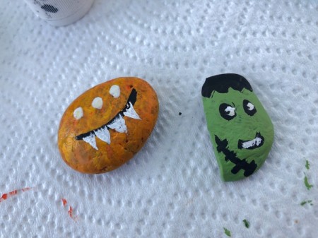 Decorative Halloween Stones - monster and adding white details to Frankenstein