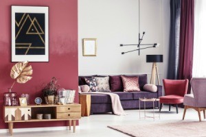 Living room with red a black accents.