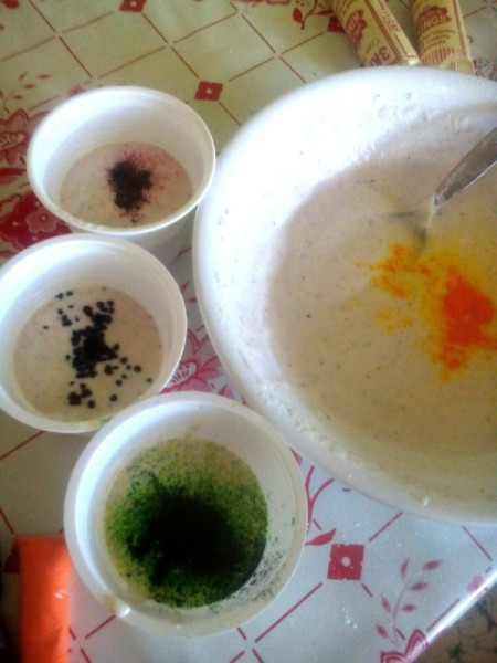 food coloring added to batter bowls