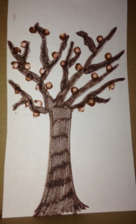 Q-Tip Painted Fall Trees - start adding leaves using a Q-tip and paint