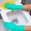 Someone cleaning a toilet seat with a large sponge.