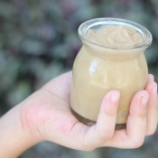 A small jar of butterscotch pudding.