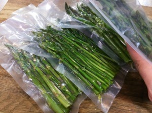 Asparagus in food saver bags.