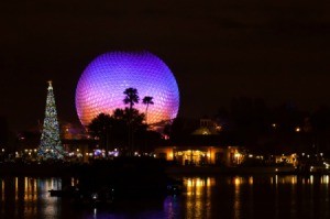 Epcot center at night.