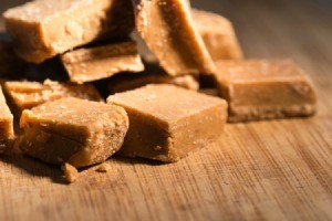 Homemade fudge on a cutting board.