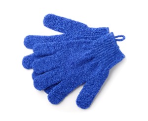 A pair of exfoliating gloves for use in the shower.