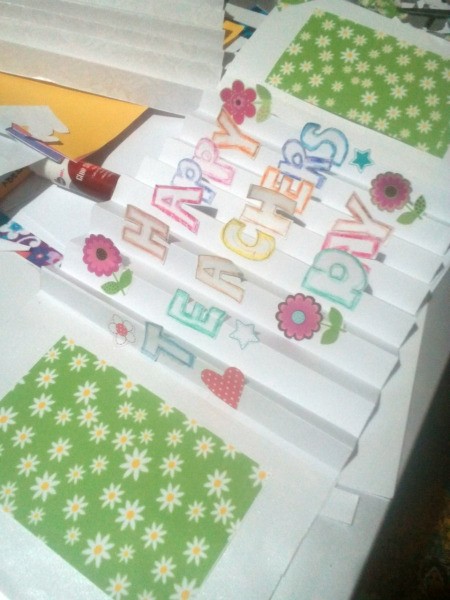 Teacher's Day Pop Up Greeting Card - open card with floral paper rectangles  in place