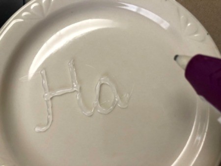 Happy Fall Sign - write text with hot glue on a plate