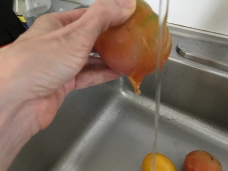 Running a frozen tomato under water to remove the skin.