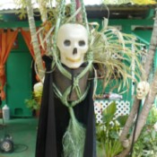 How to Make Halloween Manikins - mask in front of a live plant, with added cape