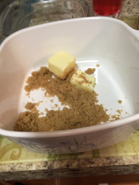 butter and sugar in casserole pan